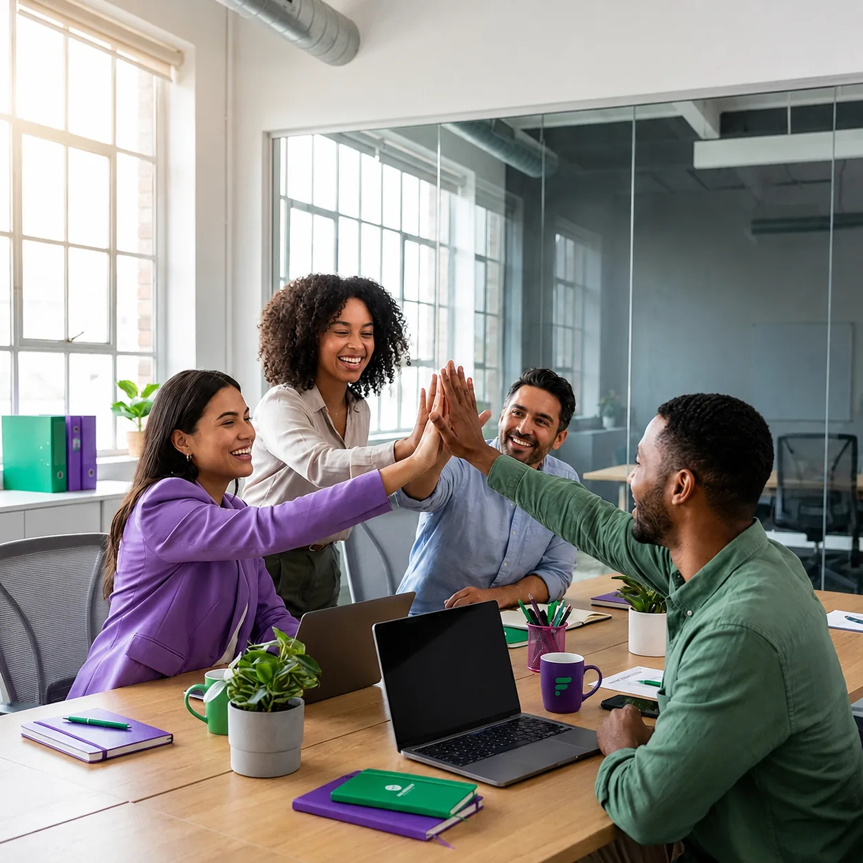 Four colleagues high-fiving across a meeting-room table